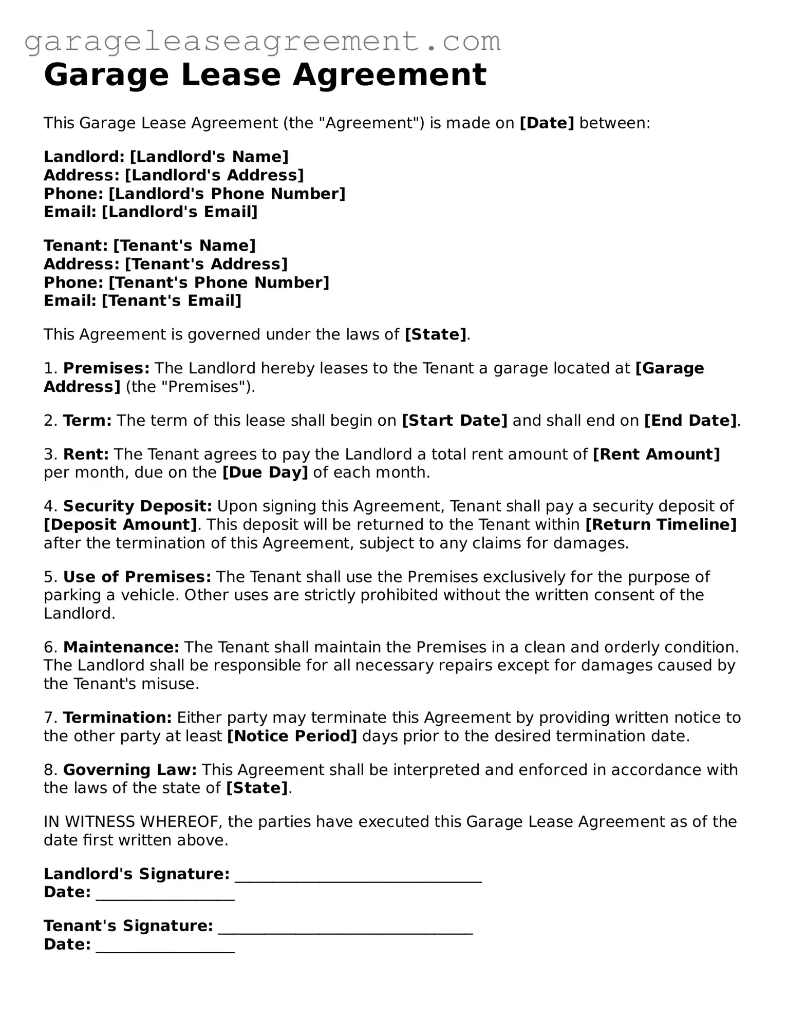 Free Garage Lease Agreement Document